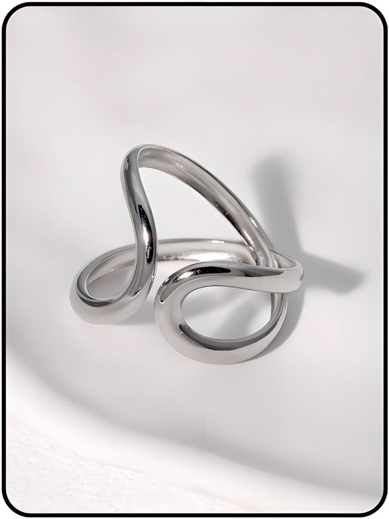 AiTURE Chunky Rings For Women, Gold Silver Thumb Ring Asymmetrical Wavy Curve Ring Adjustable Non Tarnish Dainty Stainless Steel New Year Anniversary Birthday Jewelry Gift - Image 1